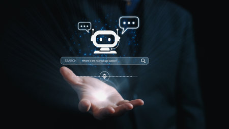 AI assistant with voice chat interface, combining smart chatbot, voice command, and AI-powered control search tools. Agentic AI assistant helps users search and chat naturally. Elideの写真素材