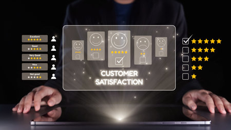 Visual representation of customer satisfaction metrics featuring smiley faces and star ratings on a laptop screen, illustrating engagement and feedback dynamics in business.の写真素材