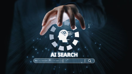 AI search engine systems enhance SEO data access. Intelligent search engines powered by AI improve search results. AI-driven search tools help process and retrieve relevant AI information. Elideの写真素材
