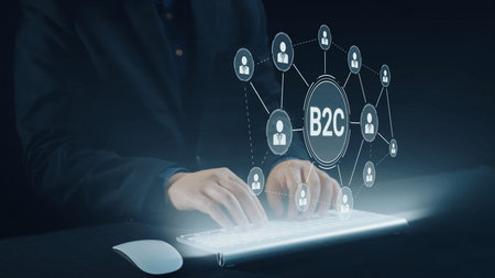 B2C strategy focus on delivery products directly to consumers. Successful B2C model enhance consumer engagement, streamline B2C logistics, and boost consumer satisfaction through digital retail. Elideの写真素材
