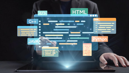 This image depicts a hands-on approach to programming, featuring code symbols above a laptop....