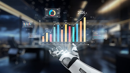 A futuristic robotic hand displays vibrant charts and graphs that signify financial growth and data analytics in a sophisticated business environment.の写真素材
