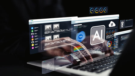 A dynamic visualization of artificial intelligence in action on a laptop. The image features graphs, statistics, and a sleek digital interface that represents modern technology trends. Qubitの写真素材