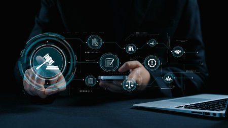 Futuristic digital law interface displaying justice scale, highlighting digital law, AI compliance, digital law systems, and digital law regulations for secure governance. Elideの写真素材