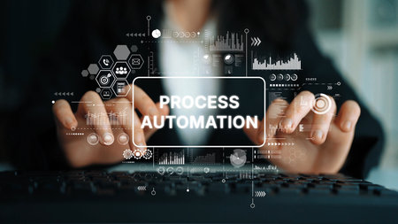 Business person engaging in process automation with digital interface and data visualization in modern office environment. Asymptotic smart data analytic.の写真素材