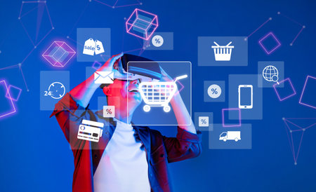A young individual using virtual reality technology to engage in an innovative shopping experience,...