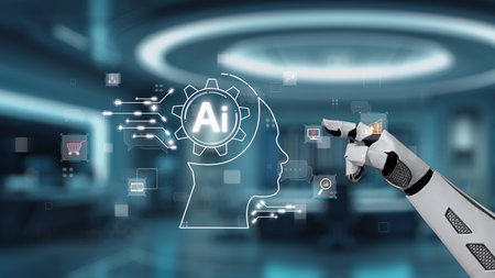 A robotic hand interacts with a digital interface showcasing artificial intelligence concepts, representing the future of smart technology and automation in business environments.の写真素材