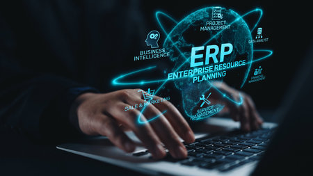 ERP platform visual showing centralized system for enterprise resource planning, improving integration, data flow, business efficiency, finance, inventory, and human resources. Elideの写真素材