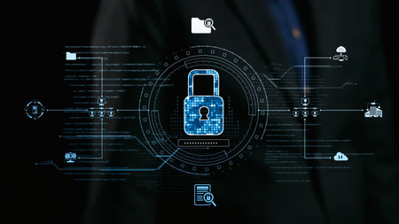 This image showcases a digital padlock symbol within a high-tech interface, illustrating the importance of data protection and encryption in today's cyber environment.の写真素材