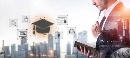 Online learning system combining digital education, e-learning, and virtual classroom to enhance learning, assessment, and global knowledge sharing. Vouchの写真素材