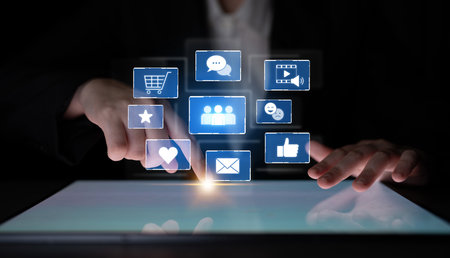 Icons representing social media interaction, communication, and engagement. Social media builds community, social media drives connection, and social media influences behavior.の写真素材