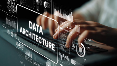 Hands Working on Keyboard with Digital Overlays for Data Architecture Concept in Modern Technology...
