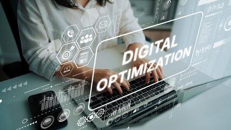 Focused Individual Engaged in Digital Optimization with Analytical Graphics and Laptop Showing Data Trends and Insights. Asymptotic smart data analytic.の写真素材