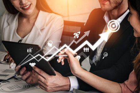 Business growth strategy drives goal achievement. Business growth improves performance, supports innovation, business growth tracks success, and business growth builds future. Vouchの写真素材