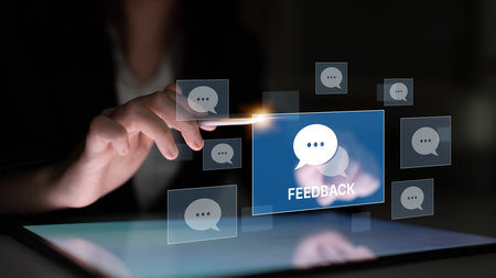 Customer or business team feedback system highlighting comments, opinions, evaluations, reviews, and suggestions from users to improve services, communication, and product quality idea insightの写真素材