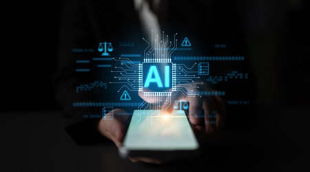 AI circuit microchip with glowing blue lines, surrounded by legal scales, warning symbols, data sheets, and binary codes, representing ethical AI, AI governance, and data integrity Latchの写真素材
