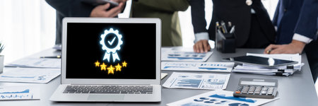Online product certification, marking a key achievement. Demonstrates commitment to quality and trustworthiness by having product certification passed. briskの写真素材