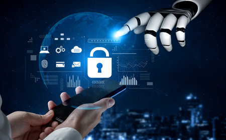 AI-powered lock system showing advanced cybersecurity, identity verification, and data protection analytics for secure digital environments Vouchの写真素材