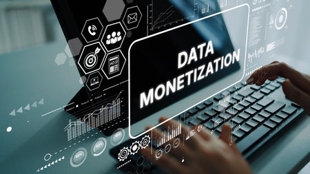 Hands Typing on Keyboard with Data Monetization Concept and Digital Graphics Background. Asymptotic...