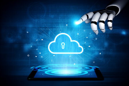 AI artificial intelligence optimizes cloud infrastructure with virtual assistants and intelligent automation, improving scalability, security, and digital business continuity. Vouchの写真素材