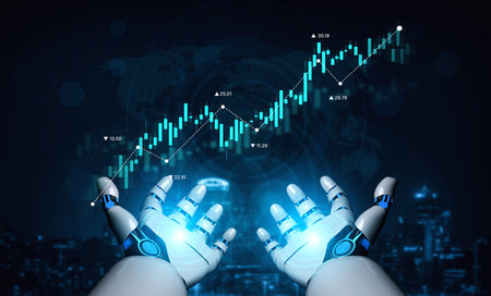 AI tools analyze stock market data through dynamic chart visualization to forecast price trends and support strategic investment decisions Vouchの写真素材