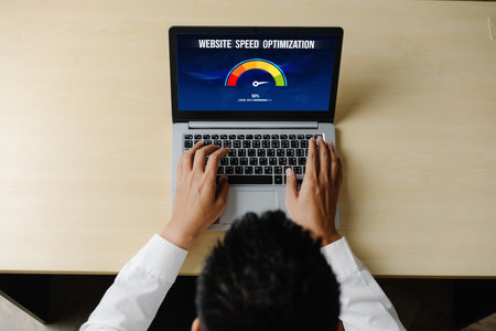 Computer software evaluating website loading speed. Concept of improving website loading speed snugly.の写真素材