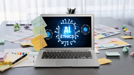 AI ethics responsibility standard law and rules on computer screen provide report of AI ethic...