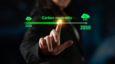 Carbon neutrality timeline illustrates carbon, neutrality, and reduction targets from 2024 to 2050 to support global sustainability and green initiativesの写真素材