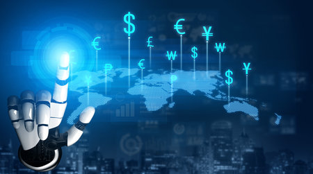 AI artificial intelligence facilitates secure global money exchange with smart fintech systems, virtual assistants, and intelligent conversion tools for digital transactions. Vouchの写真素材