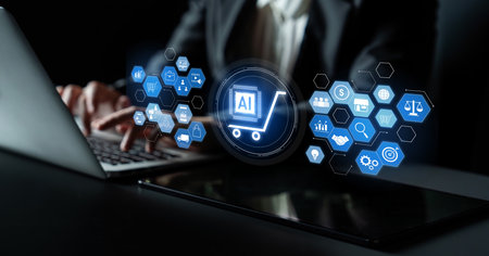 AI-powered e-commerce ecosystem connecting customer data, marketing, logistics, product management, and business intelligence to drive retail efficiency and digital growthの写真素材
