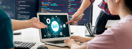 Decentralized finance or DeFi concept on brisk computer screen . The defi system give new choice of investment and money saving .の写真素材