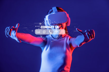 A virtual reality customer support experience showcasing a user in a futuristic headset reaching out for assistance, representing modern communication and interaction in service environments.の写真素材