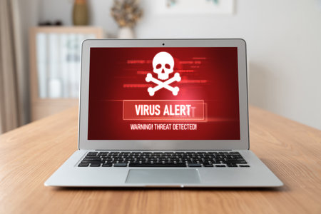 Virus warning alert on computer screen detected modish cyber threat , hacker, computer virus and malwareの写真素材