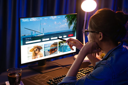Online travel agency website for brisk search and travel planning offers deal and package for flight , hotel and tour bookingの写真素材