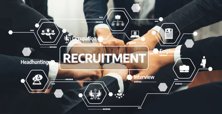Office worker team stacking hand together symbolize successful group of business partnership and strong collective unity teamwork in community workplace in panoramic banner. Shrewd Amityの写真素材