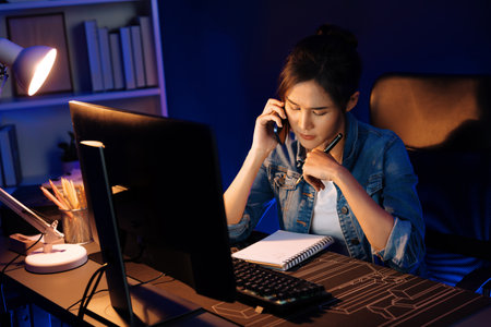 Young beautiful Asian creative woman calling on phone desk to customer or coworker explaining creator projects high profit while searching market analysis on pc at neon office at night. Stratagem.の写真素材