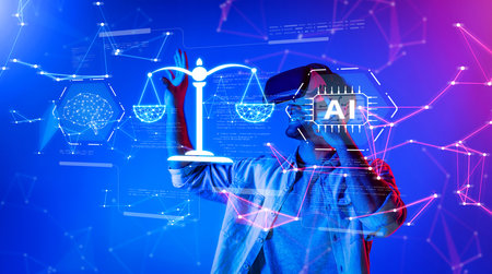 This image captures the intersection of artificial intelligence, legal ethics, and digital governance, illustrating the challenges and responsibilities within modern technology.の写真素材