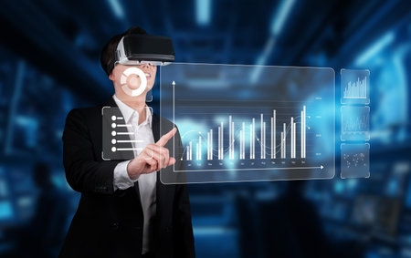 A business professional engages with immersive virtual reality technology to explore data analytics...