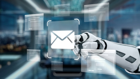 This image showcases a robotic hand interacting with an email interface within a sleek, modern workspace. It illustrates advanced technology and digital communication. Auvanaの写真素材