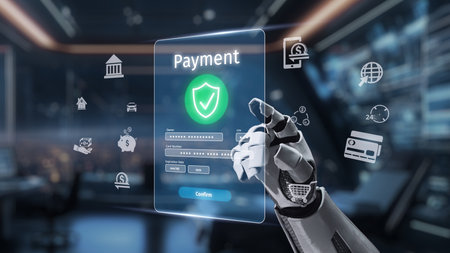A stunning representation of a robotic hand using a digital interface for secure payment processing, reflecting the intersection of technology and finance in a modern world.の写真素材
