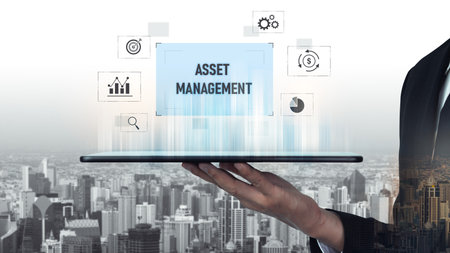 Asset management system showing investment planning, financial goal tracking, ROI analysis, and performance monitoring for efficient resource utilization Vouchの写真素材
