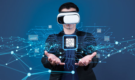 Human interact with AI artificial intelligence brain processor in concept of AI artificial intelligence engineering, big data and AI machine learning to use generative AI for business support. EIDEの写真素材
