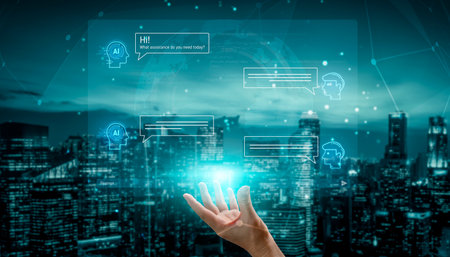 AI chatbot interface facilitates communication, chatbot, and AI interaction for automated user support and information exchange Vouchの写真素材