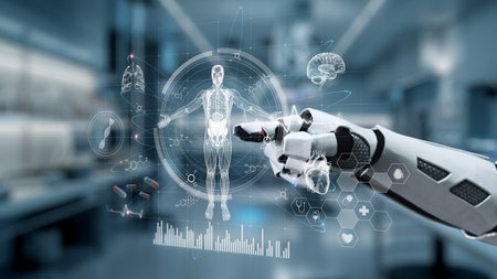 Close up of robot hand pointing and tapping at human anatomy hologram with blur laboratory background. Robot hand clicking at x ray dashboard to connect medical data to diagnosis symptom. Salubrious.の写真素材