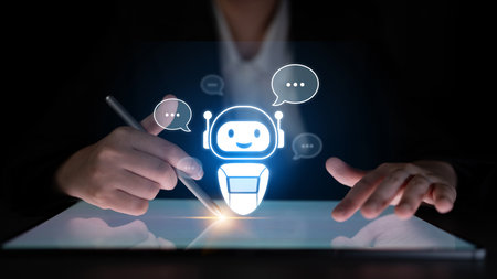 AI chatbot virtual assistant interacting with users through AI conversation bubbles, symbolizing AI automation, smart communication, and AI digital artificial intelligence help support Latchの写真素材