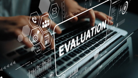 Hands on Laptop with Digital Interface Showing Evaluation Process in Modern Business Environment. Asymptotic smart data analytic.の写真素材