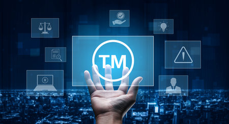 Trademark protection and legal compliance with TM icon, copyright law, patent check, intellectual property rights, and branding regulation enforcement Vouchの写真素材
