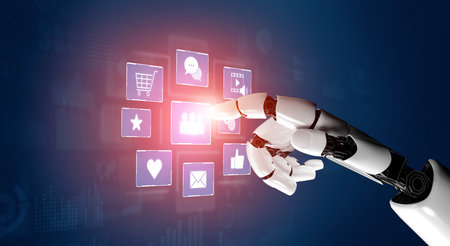 AI analyzing social media interaction, processing user responses, and generating insights from digital communication patterns across connected platforms. Vouchの写真素材