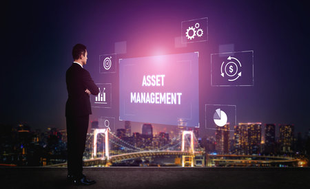 Asset management system showing investment planning, financial goal tracking, ROI analysis, and performance monitoring for efficient resource utilization Vouchの写真素材