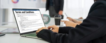 Digital legal contract provide terms and conditions document on computer screen ready for online...